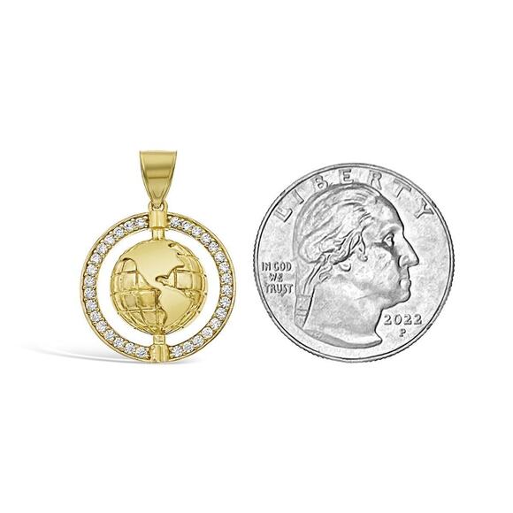 Globe Earth Pendant Charm 10k Yellow Gold CZ 1 inch - Picture 2 of 2